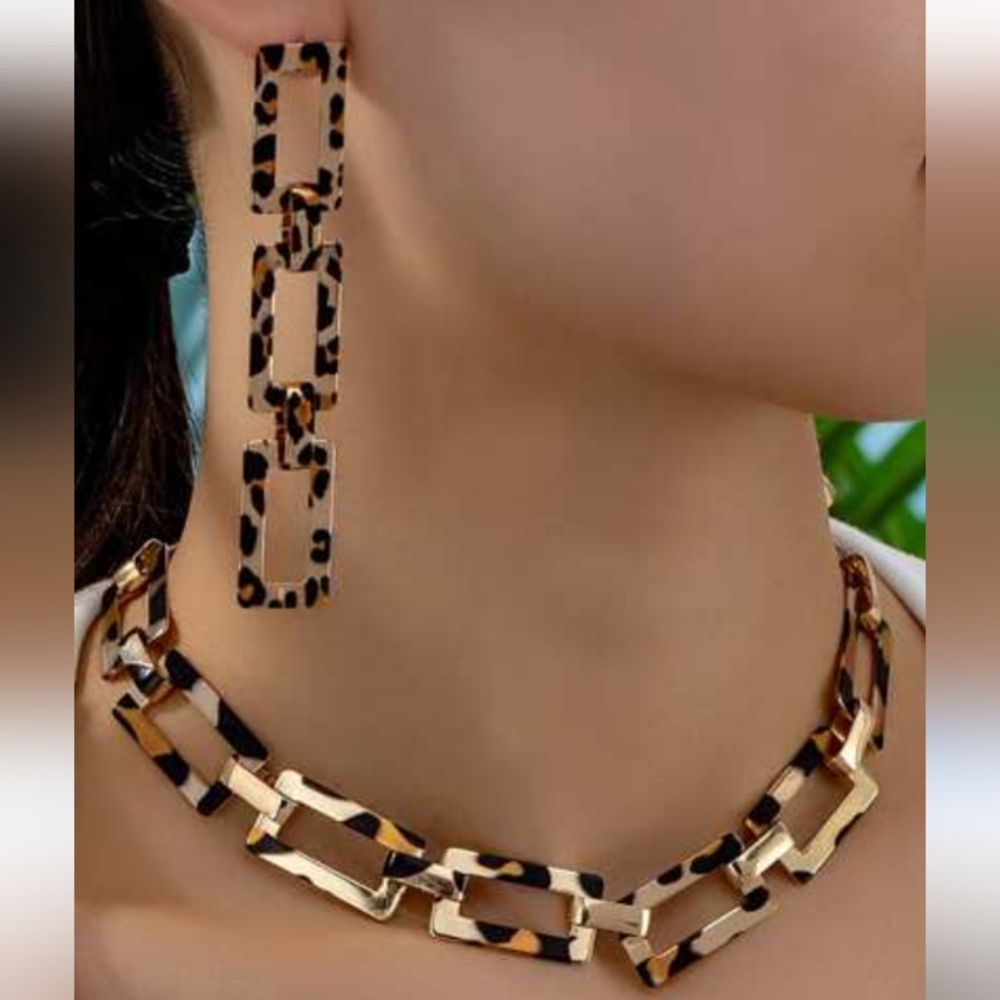 NEW hollow out leopard chain necklace and earrings set metal, earrings 4"L